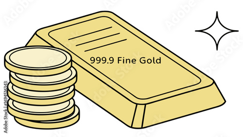 Illustration of a gold bar labeled 999 9 fine gold with a stack of gold coins and a sparkle