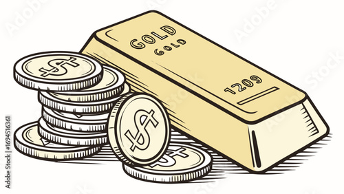 Illustration of a gold bar with stacks of gold coins featuring dollar signs on a white background