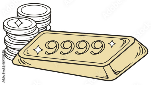 Illustration of a gold bar with the number 9999 stamped on it next to a stack of coins