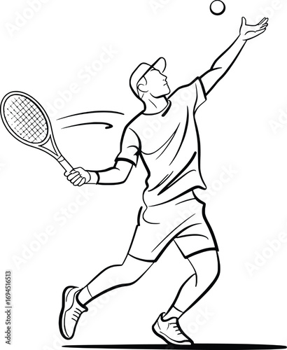 Dynamic tennis player serving a ball with motion lines and racquet in hand
