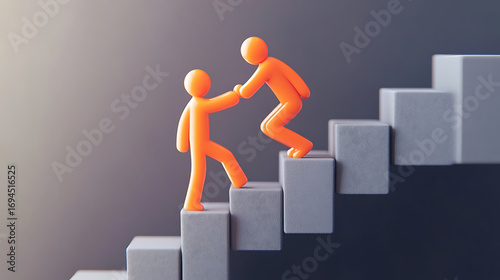 Orange figures climbing gray block steps with one figure helping another
