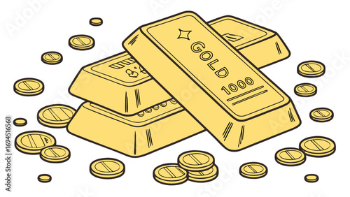 Illustration of stacked gold bars and scattered gold coins symbolizing wealth and financial investment