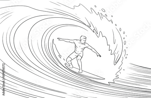 Surfer riding barrel of a large ocean wave dynamic action sports sketch style art