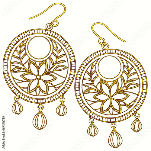 Intricate gold filigree circular earrings featuring floral and leaf patterns with dangling teardrop charms