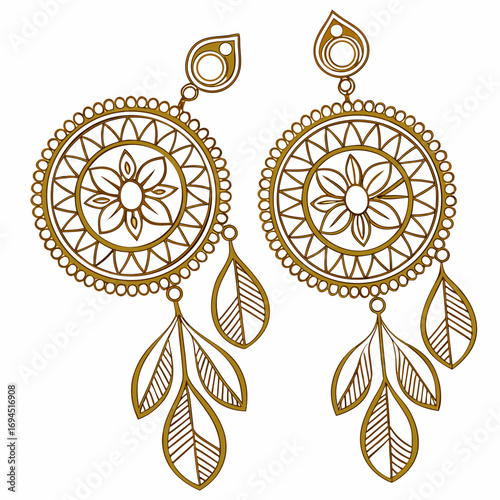 Ornate golden dreamcatcher style earrings with delicate leaf charms hanging down