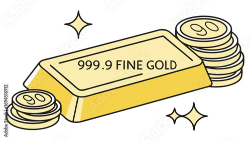 Shiny 999 9 fine gold bar and stacked coins with sparkle accents on white background