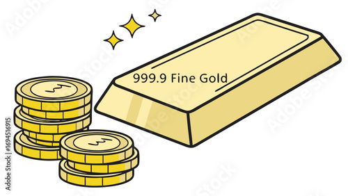 Shiny 999 9 fine gold bullion bar and stacked gold coins representing wealth and investment
