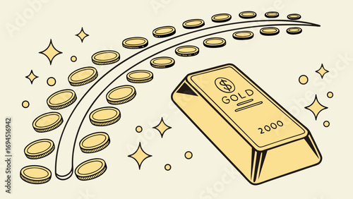 Shiny gold bar and a curved line of golden coins with sparkling stars and circles on a light background