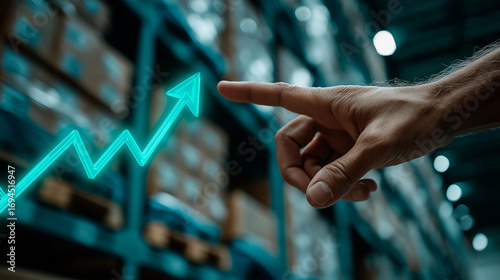 Warehouse Growth: A visual metaphor of business progress, an arm's finger traces an upward-trending graph superimposed over a bustling warehouse, highlighting growth and strategic planning.