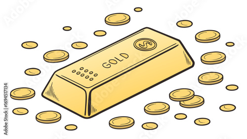 Shiny golden bar of gold surrounded by scattered gold coins on a white background