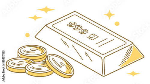 Shiny gold bar with 999 purity and golden coins sparkling with bright yellow stars and dots
