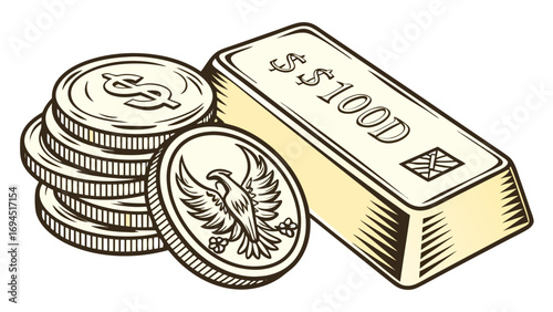 Stack of us dollar coins and a gold bar with 100 dollar denomination symbolizing wealth and investment