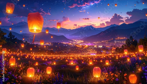 A breathtaking panorama of glowing lanterns illuminating a field of flowers at dusk, nestled in a valley below snow-capped mountains.