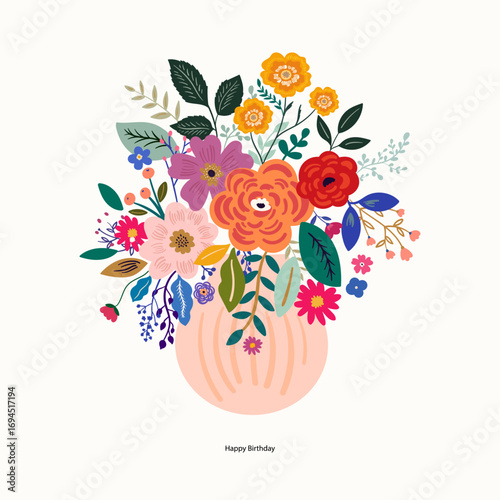 Decorative art illustration with beautiful bouquet of roses. Still life with flower bouquet. Floral card with vase full of flowers
