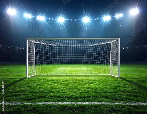 Illuminated soccer goal on a green field.