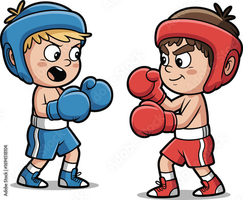 Cartoon kids boxing, youth sports illustration, vector fight scene, athletic children, red and blue gear, competitive match, stock image, training pose