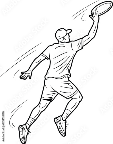 Dynamic athlete leaping high to catch disc in mid-air action sketch