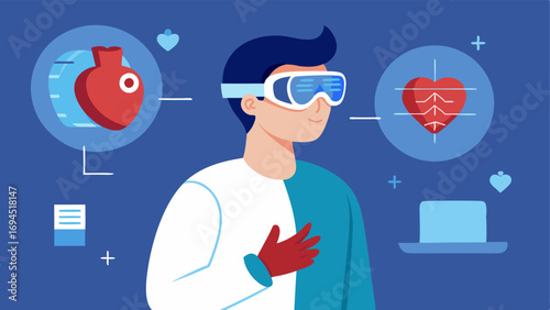 Anatomy Lesson A medical student wearing augmented reality glasses interacting with a 3D holographic model of the human heart with labeled parts like atrium ventricle and aorta.