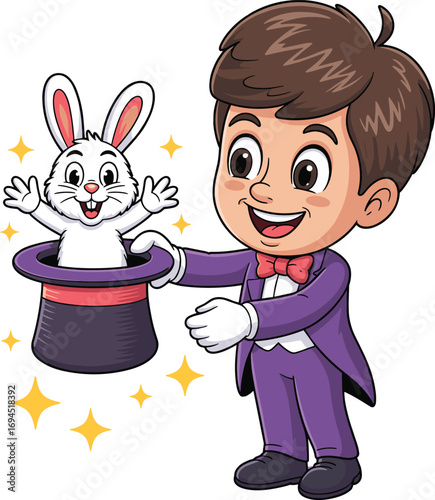 Cartoon magician boy, magic trick, top hat, rabbit appearance, young performer, vector illustration, suit, bow tie, gloves, smiling expression