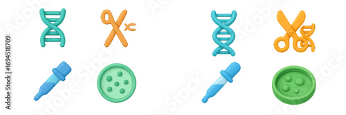 Genetics and biotechnology elements: DNA helix, gene editing scissors, pipette, petri dish for scientific research