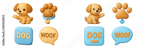 Adorable cartoon puppy character with paw print and speech bubble icons set for pet communication