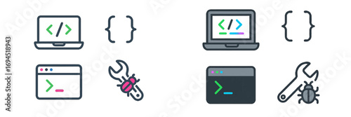 Set of programming and software development icons including laptop with code, terminal window, and debugging tools