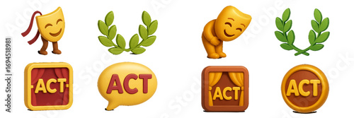 Set of stylized theater masks with laurel wreaths and ACT text symbols representing performance arts, drama, and acting concepts