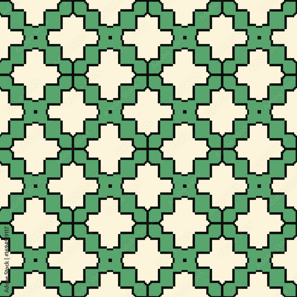 Fototapeta premium Seamless geometric cross pattern in sage green and beige, an ornate retro tileable design, abstract textile background texture