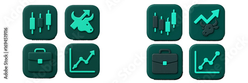 Modern financial market trading icons featuring candlestick charts, bull market symbol, business briefcase, and growth graphs
