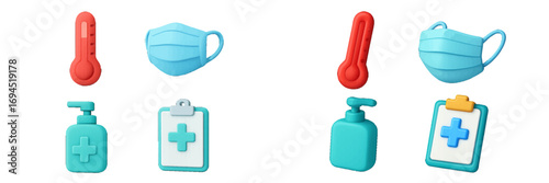 Medical icon set with thermometer, face mask, hand sanitizer, and clipboard for healthcare and hygiene concepts