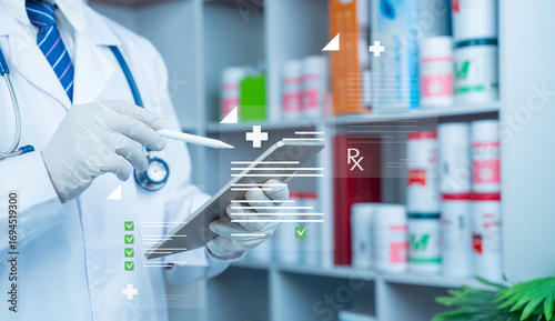 Doctor using digital tablet prescription RX medical checklist pharmacy healthcare technology innovation