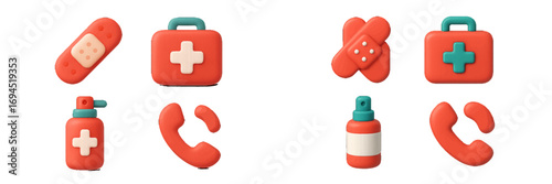 3D medical icon set for healthcare and emergency services including first aid kit, adhesive bandage, antiseptic spray, and emergency phone call symbol isolated on white background