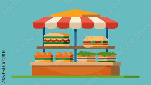A gourmet sandwich stand with towering sandwiches filled with a variety of meats cheeses and vegetables.