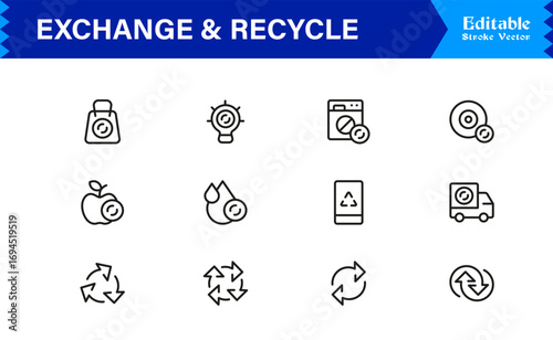Exchange and Recycle Symbols Icons – Modern Professional Line Icon Set Featuring Minimal Vector Design for Environmental and Sustainability Themes