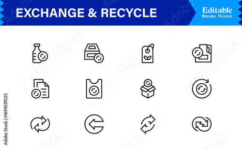 Exchange and Recycle Symbols Icons – Modern Professional Line Icon Set Featuring Minimal Vector Design for Environmental and Sustainability Themes