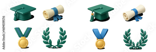Mortarboard cap, diploma scroll, gold medal, and laurel wreath representing education and achievement