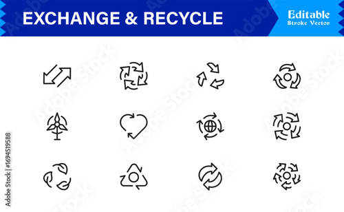 Exchange and Recycle Symbols Icons – Modern Professional Line Icon Set Featuring Minimal Vector Design for Environmental and Sustainability Themes