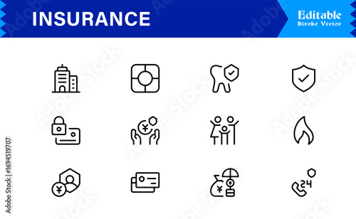 Professional Insurance Line Icon Set Featuring Modern, Minimal, Unique Designs for Clear, Premium Visuals in Finance, Risk, and Protection Concepts
