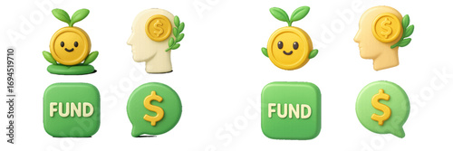 3D finance icon set with money growth, investment symbols, and funding concepts for business and economy