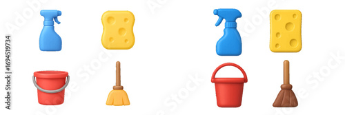 Set of 3D style cleaning service icons with spray bottle, sponge, bucket, and broom for household chores and hygiene