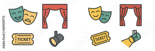 Theater and performance symbols with comedy and tragedy masks, stage curtain, admission ticket, and spotlight