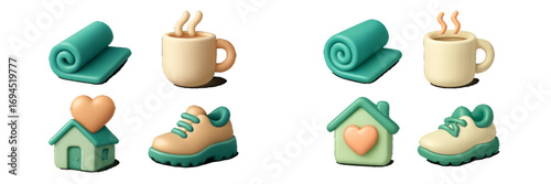 3D icon set of wellness and self-care items including a yoga mat, coffee cup, house with heart, and sneaker for a healthy lifestyle