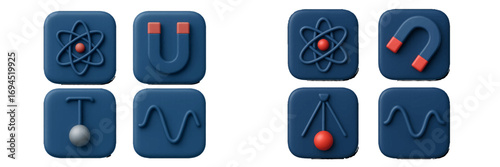 Set of modern 3D physics icons with scientific symbols including an atom, horseshoe magnet, pendulum, and wave for educational or technology UI