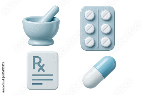 Essential pharmacy and medical icons set including mortar and pestle, pill blister pack, prescription symbol, and capsule