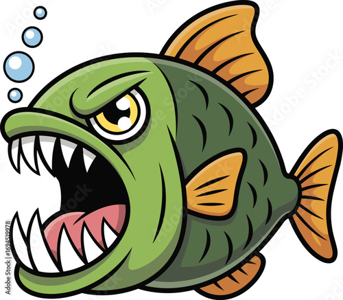 Cartoon piranha fish, angry expression, sharp teeth, green body, orange fins, underwater bubbles, vector illustration, aggressive aquatic character, monster theme
