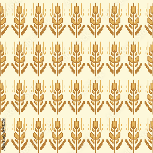 Seamless pixel art pattern of golden wheat stalks in a traditional rustic folk embroidery style