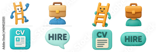Animated ladder and briefcase characters with CV and hire icons for recruitment