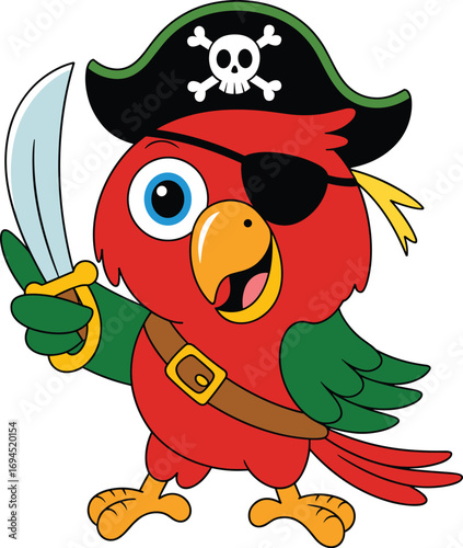 Cartoon pirate parrot, red bird with sword, pirate hat, eye patch, vector illustration, funny animal character, tropical adventure theme