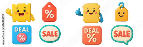 E-commerce elements for online shopping featuring sale tags, discount coupons, and promotional characters for digital marketing campaigns
