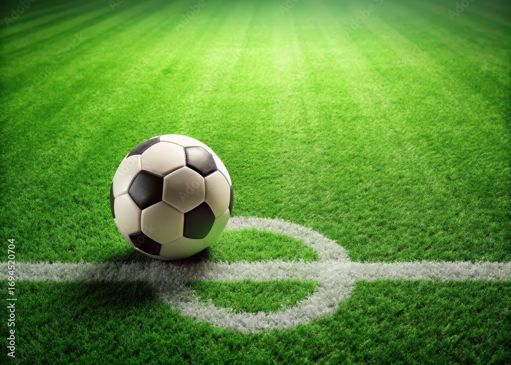 Fototapeta premium Green grass field with a soccer ball placed in the center